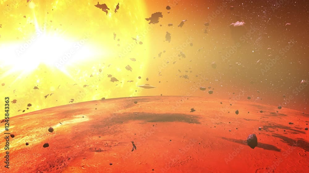 Canvas Prints mars and asteroid field near the sun a beautiful view of mars, with its surface glowing under the in