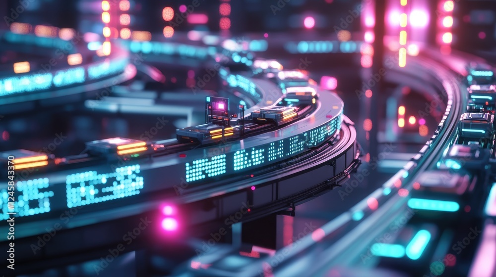 Aufkleber A high-angle shot of a conveyor system with autonomous carts moving in sync, with dynamic network signals glowing in the background, representing modern tech integration.