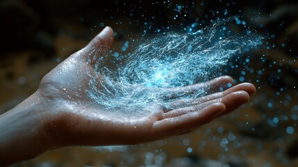 Fototapeta premium Hand holding glowing water, fantasy scene, magical power
