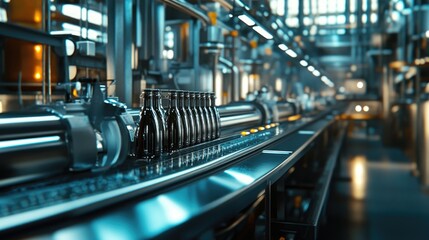 Fototapeta premium A high-speed production line with milk bottles being filled and sealed, captured in a bustling dairy factory, illustrating the modern manufacturing process.