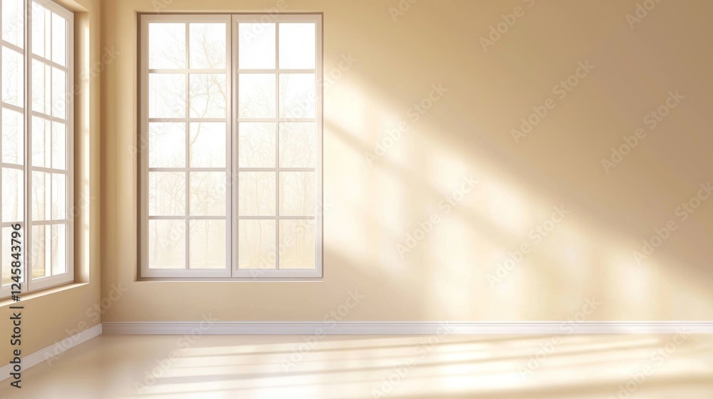 Aufkleber Soft rays of sunlight stream through large windows, creating a tranquil atmosphere in a minimalist room. The warm beige walls enhance the sense of peace and possibilities