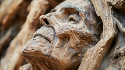 Artistic driftwood sculpture resembling human face in natural lighting. Perfect for art galleries, interior design, and environmental awareness