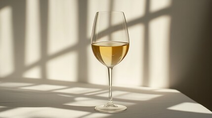 Obraz premium A minimalist setup with a glass of white wine placed on a plain white table, casting a subtle shadow 