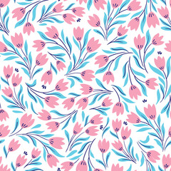 Vector seamless millefleur pattern. Stylized pink tulip flowers on white background