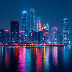 Obraz premium Cityscape Lights: A stunning cityscape sparkles at night, with skyscrapers, bridges, water reflecting lights in a mesmerizing urban panorama.