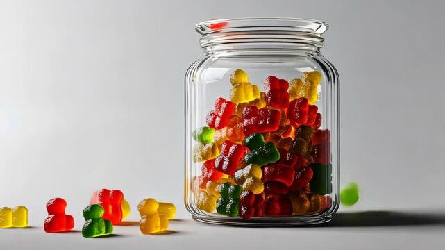 Colorful gummy bears jumping into glass jar captured in motion sequence