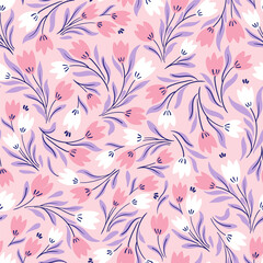 Vector seamless millefleur pattern. Stylized pink and white tulip flowers on pink background