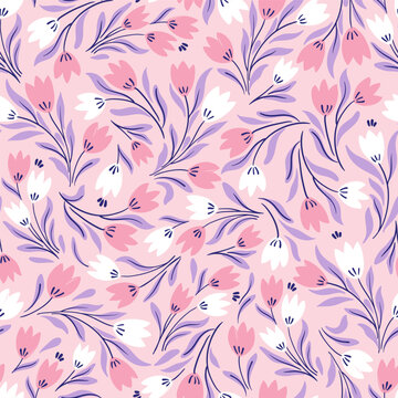 Vector seamless millefleur pattern. Stylized pink and white tulip flowers on pink background