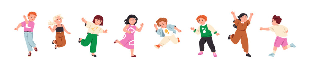 Happy active kids set. Funny excited children jumping, running, playing with energy. Cute girls and boys in dynamic poses, movements during fun. Flat vector illustrations isolated on white background