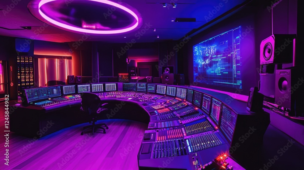 Aufkleber A high-tech control room with digital data streams descending from a circular projection, lighting up the space with glowing consoles and advanced equipment.