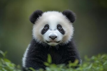 Obraz premium Cute baby panda exploring its natural habitat in a lush green environment during the daytime
