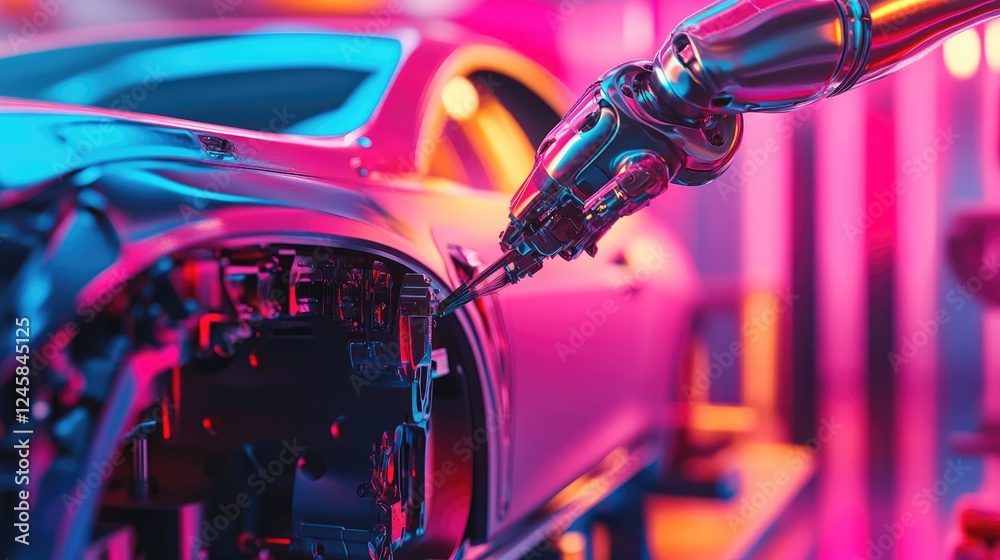Poster a high-tech robotic arm painting car parts with colorful sprays, emphasizing the precision and autom