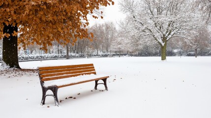 Solitary park bench in snow-covered winter landscape. Ideal for seasonal transitions, urban parks, and peaceful moments