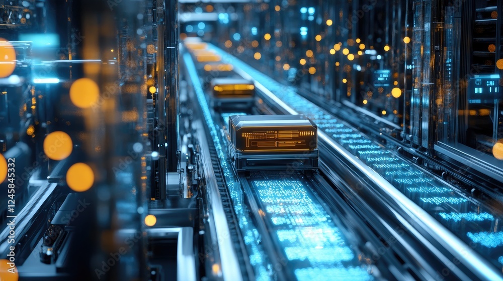 Fototapete A high-angle shot of a conveyor system with autonomous carts moving in sync, with dynamic network signals glowing in the background, representing modern tech integration.