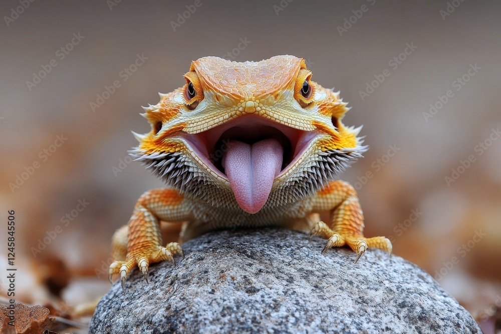 Poster bearded dragon resting on a rock with tongue out in a natural setting during daylight