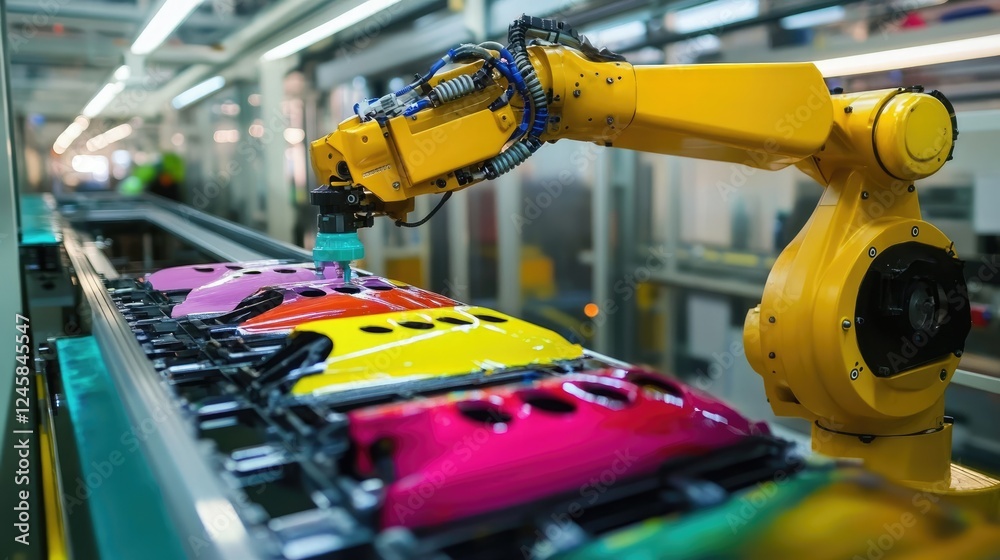 Poster A high-tech robotic arm painting car parts with colorful sprays, emphasizing the precision and automation involved in vehicle manufacturing processes.