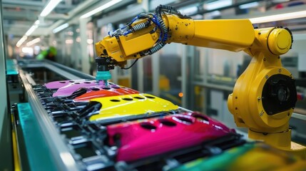 Fototapeta premium A high-tech robotic arm painting car parts with colorful sprays, emphasizing the precision and automation involved in vehicle manufacturing processes.