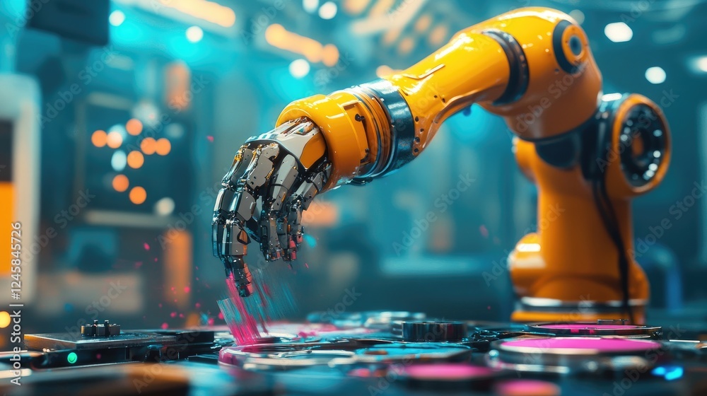 Poster A high-tech robotic arm painting car parts with colorful sprays, emphasizing the precision and automation involved in vehicle manufacturing processes.