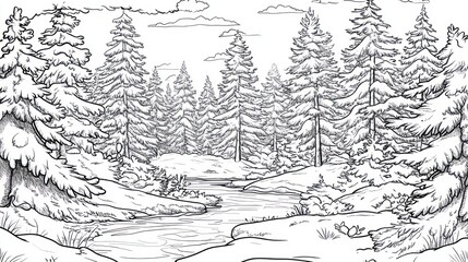 Winter forest stream landscape, snowy pines, background for cards