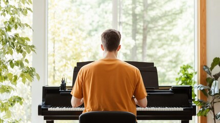 Man playing piano by window with natural scenery. Perfect for music practice, artistic pursuit, and peaceful moments