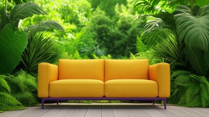 Fototapeta premium Relaxing Yellow Sofa in Lush Tropical Garden Setting Perfect for Vacation or Summer Theme