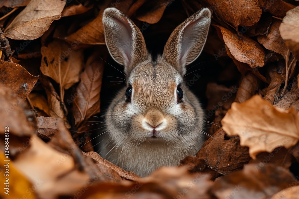 Poster cute rabbit resting among autumn leaves in a forest setting during the day