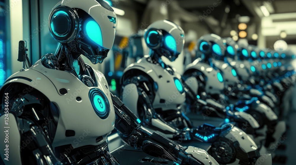 Aufkleber A high-tech robotic workstation featuring multiple robots under blue and green LED lights, emphasizing the technological advancements in modern automation.