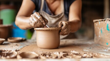 Hands crafting clay pottery on wheel close-up. Ideal for artisan crafts, creative process, and traditional skills