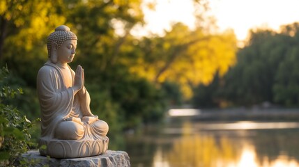 Buddha statue by tranquil pond in garden setting. Perfect for meditation spaces, spiritual wellness, and zen landscaping