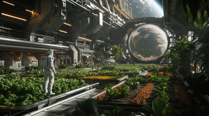 A high-tech space station orbiting Earth, with vast agricultural areas growing crops to sustain space colonists, showcasing a futuristic and sustainable habitat.