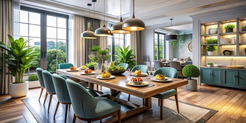 Fototapeta premium Modern Dining Room Interior Design, 21st Century Food Photography, Stylish Table Setting, Elegant Home Decor