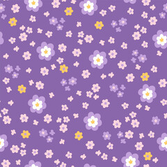 Vector seamless millefleur pattern. Small various stylized purple, yellow and pink flowers on purple background