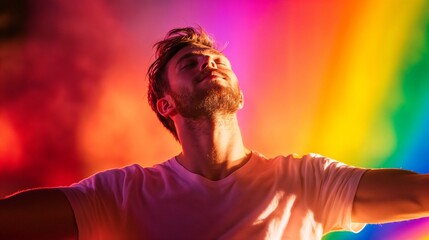 Man in colorful lighting with uplifted pose. Ideal for celebration moments, festival joy, and positive emotions