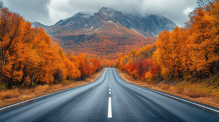 A stunning autumn landscape featuring a long road leading to majestic, cloud-covered mountains.