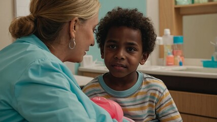 Fototapeta premium Engaging conversation between a caregiver and a young boy with dark curly hair in a bright, cheerful clinic setting