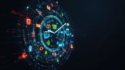 A holographic clock with various product icons as hours, visually representing the continuous cycle of consumerism fueling ongoing economic growth.