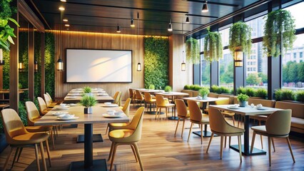 Fototapeta premium Modern Restaurant Interior Design: Blank Screen, Minimalist Dining Space, Stylish Restaurant Decor, Empty Restaurant, Contemporary Restaurant