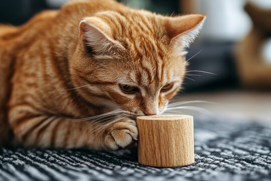 Curious orange cat exploring a wooden toy on a textured floor in a cozy home setting during daylight