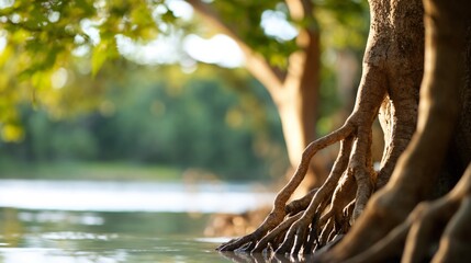 Tree roots over water in natural light. Ideal for nature details, environmental concepts, and natural patterns