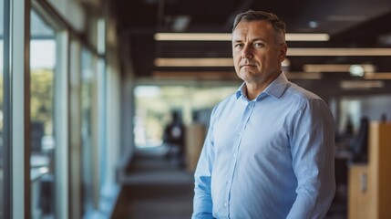 Fototapeta premium Middle-aged businessman in modern office corridor. Ideal for corporate leadership, professional success, and business expertise