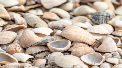 Collection of seashells on beach sand. Perfect for coastal nature, marine life, and beach treasures