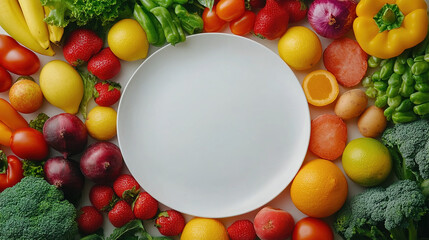 A vibrant array of fresh fruits and vegetables frames a blank plate, inviting healthy meal creations.