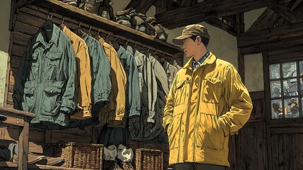 Man in Yellow Jacket Contemplating in Rustic Cabin Entrance.