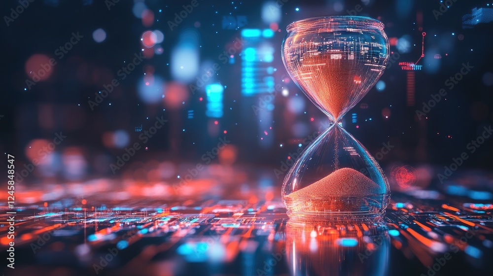 Poster a holographic hourglass with sand made of digital concepts slowly flowing down, symbolizing the pass