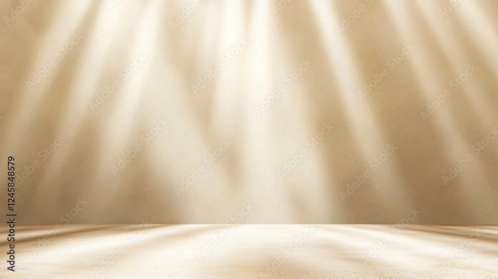 Poster Warm golden light envelops an empty stage, creating a tranquil ambiance perfect for artistic expressions. The gentle beams highlight textures, inviting imagination and creativity