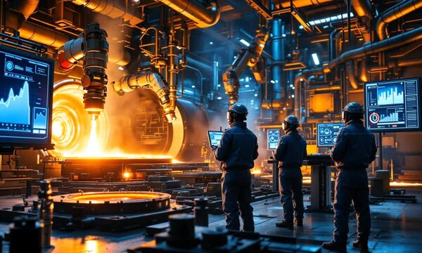 Industrial workers monitoring molten metal production in futuristic factory environment. Technology concept