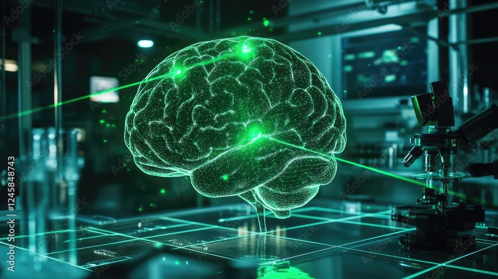 Poster A holographic human brain projecting data with green laser beams, sending information to microscopes in a laboratory, symbolizing neural network and AI research.