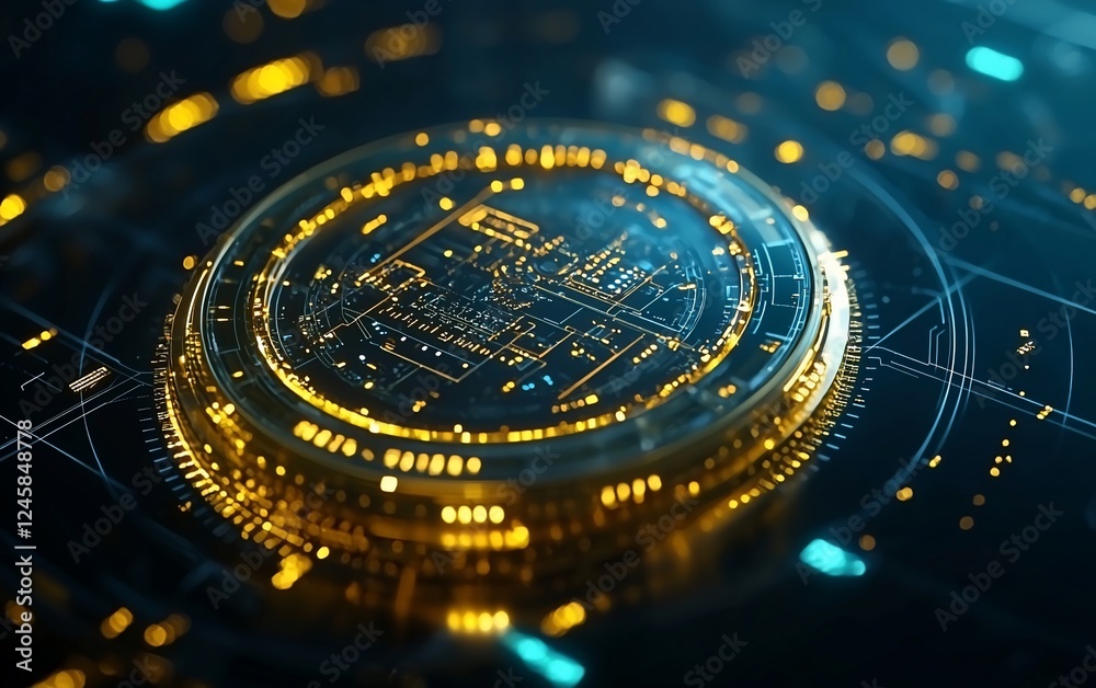 Poster futuristic tech circuit; digital gold core; glowing network; abstract background; tech illustration