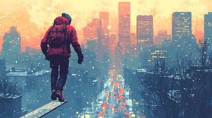 Fototapeta premium Solitary Figure Walking on a Snowy City Rooftop at Sunset.