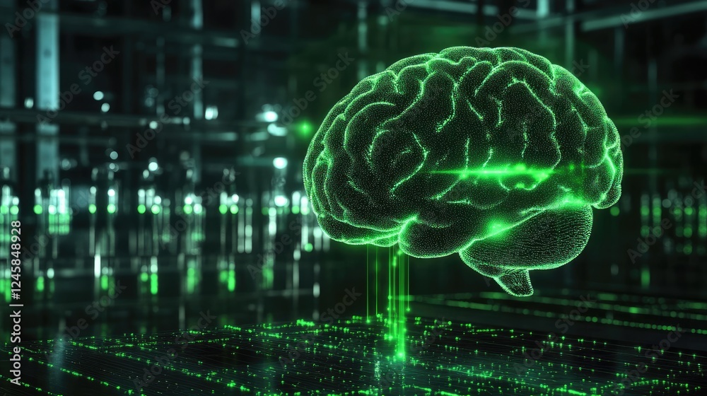 Poster A holographic human brain projecting data with green laser beams, sending information to microscopes in a laboratory, symbolizing neural network and AI research.